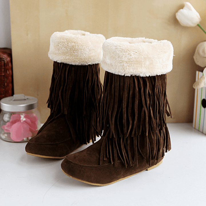 Women Tassel Boots Warm Fluff Flanging Mid-Calf Snow Boots - MRSLM