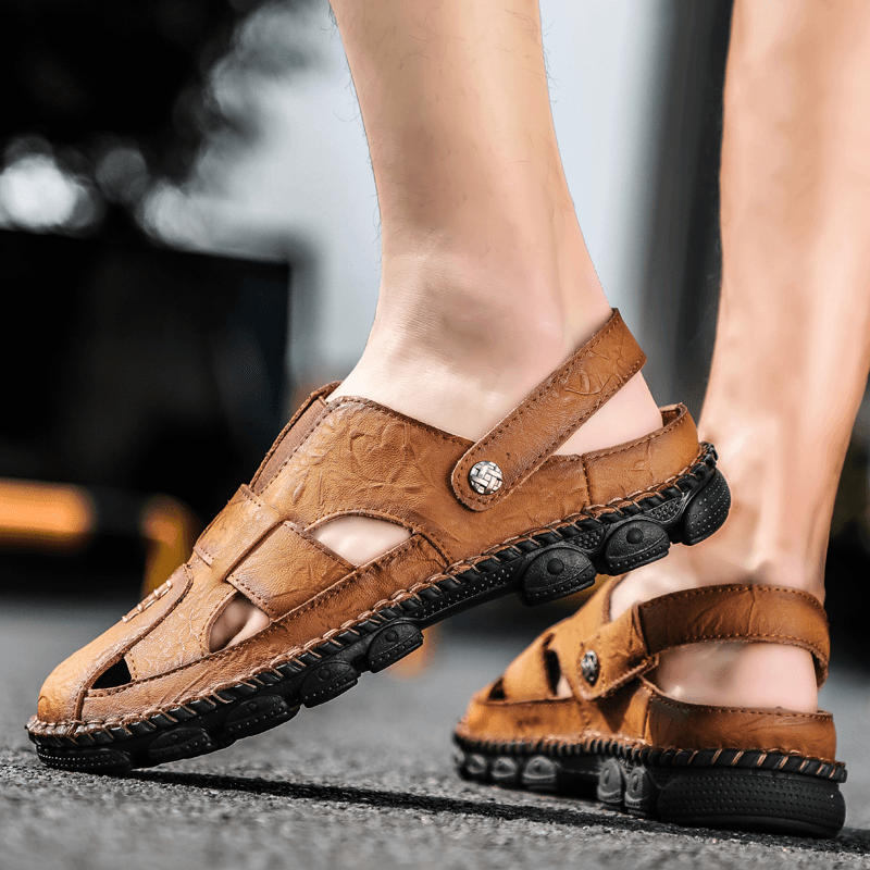 Men Hand Stitching Cowhide Leather Non Slip Outdoor Casual Sandals - MRSLM
