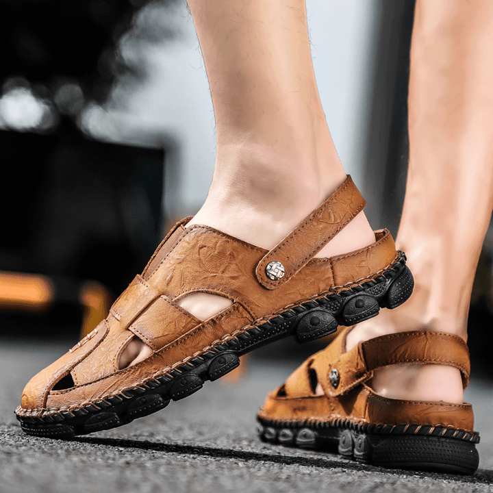 Men Hand Stitching Cowhide Leather Non Slip Outdoor Casual Sandals - MRSLM