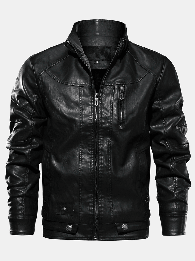 Mens Zipper Pocket Stand Collar PU Leather Motorcycle Jacket – MRSLM