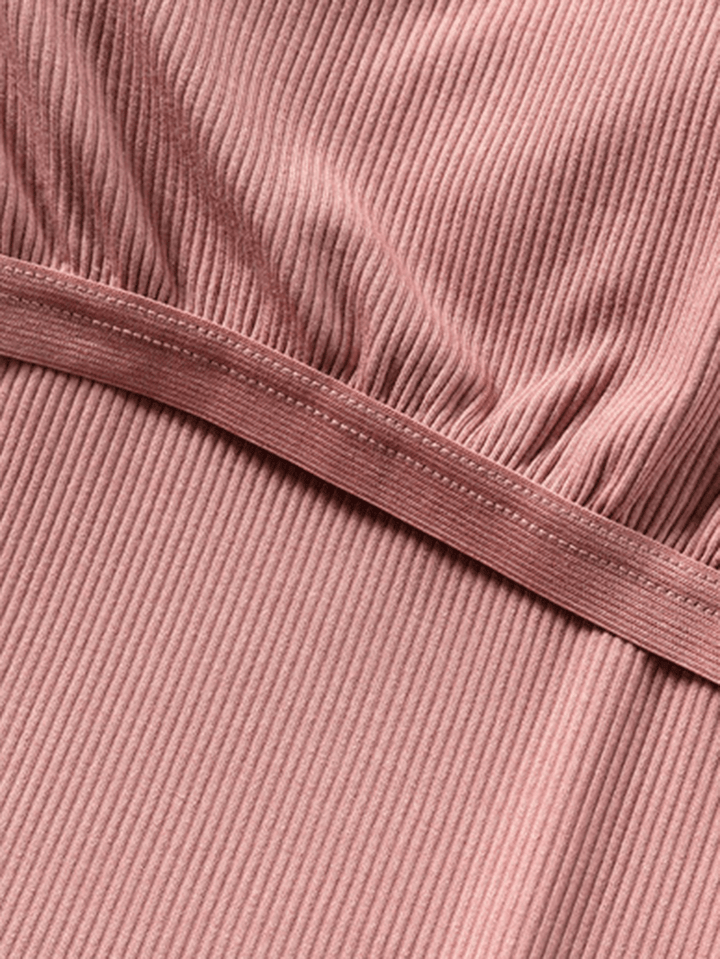Women Rib V-Neck Chest Pads T-Shirts Elastic Waist Pants Home Casual Pajama Set - MRSLM