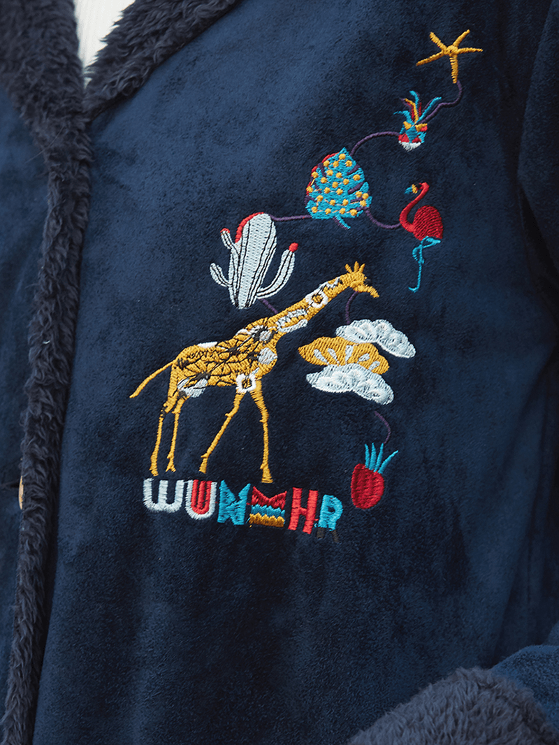 Suede Cartoon Embroidered Button Long Sleeve Coats - MRSLM