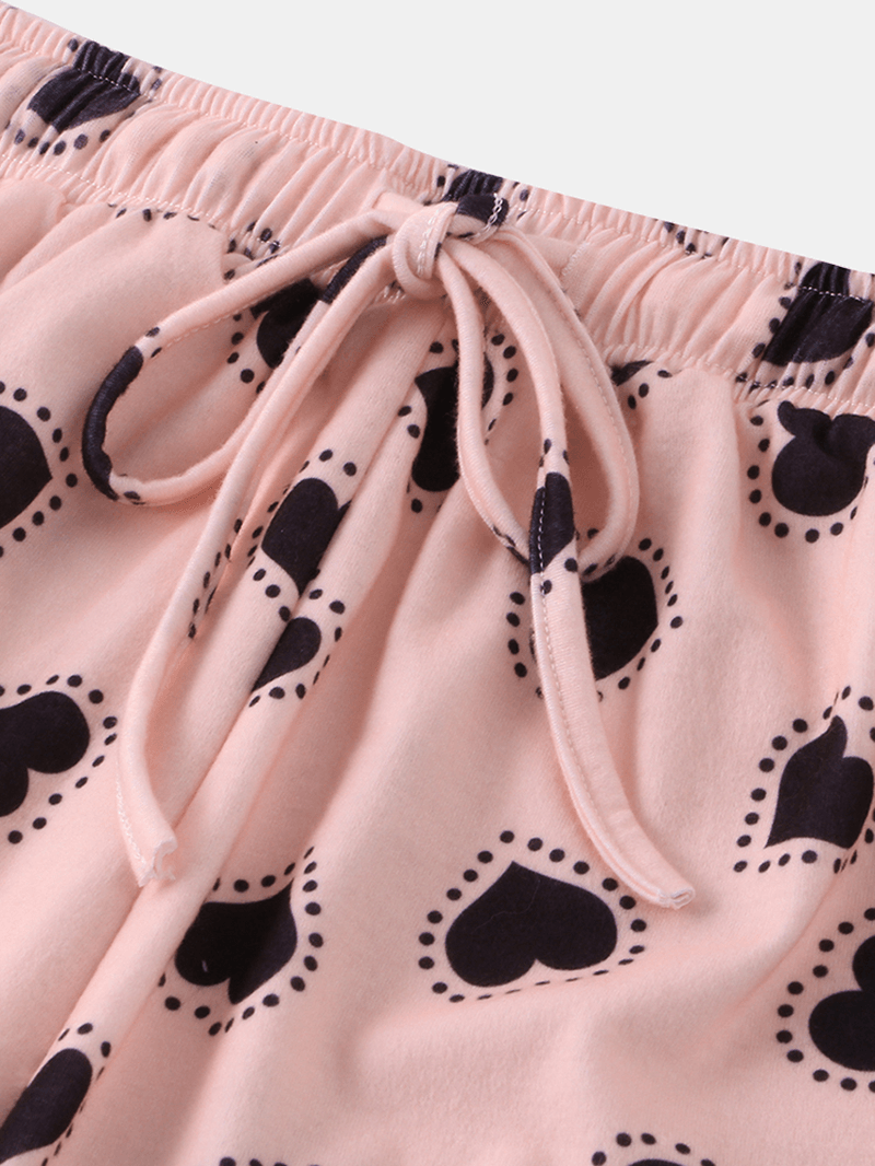 Women Funny Hearts Print Short Sleeve Elastic Waist Drawstring Casual Pajama Set - MRSLM