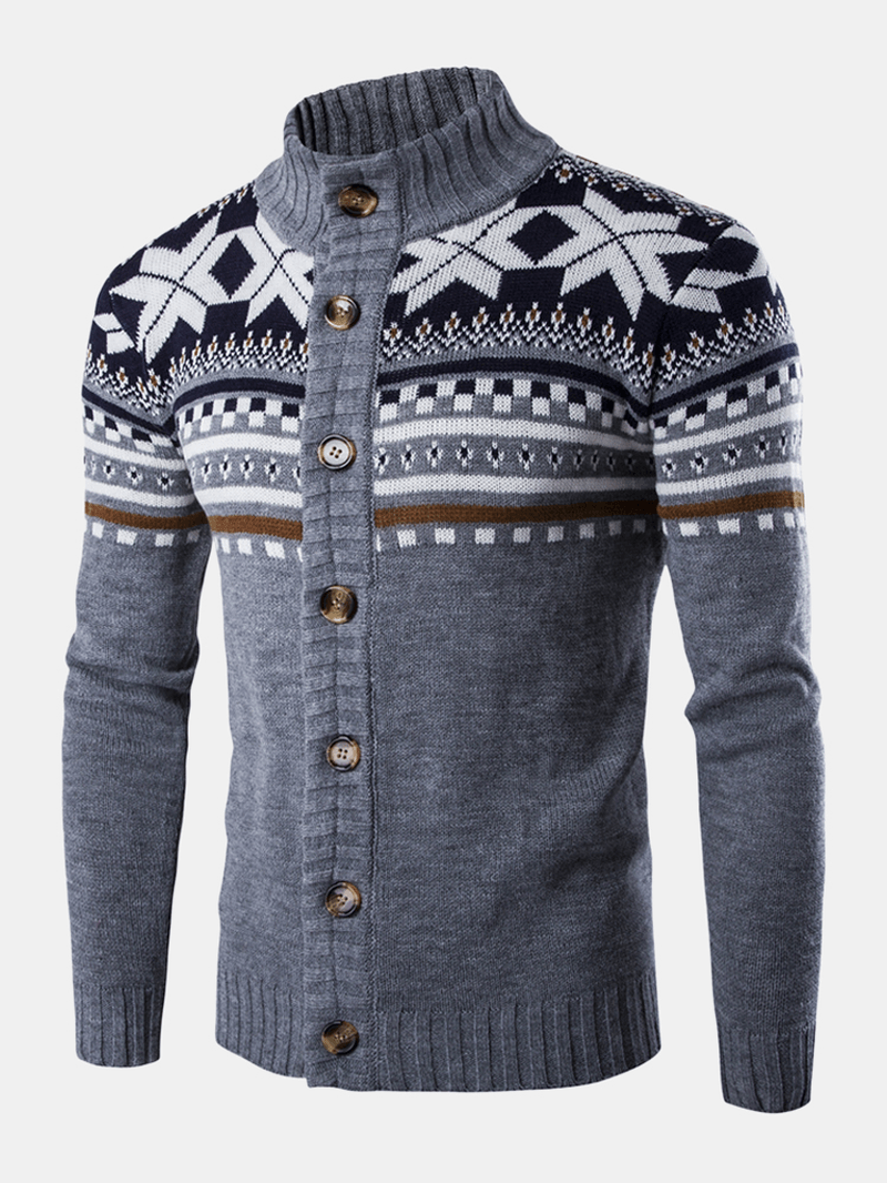 Christmas Mens Knitted Geometry Graphics Button up Warm Sweater Cardigans - MRSLM