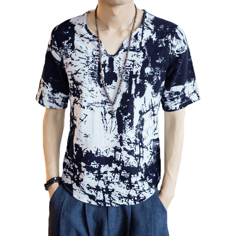 INCERUN Mens V Neck Ink Printing Chinese Style Casual Cotton Short Sleeve Tops Tees - MRSLM