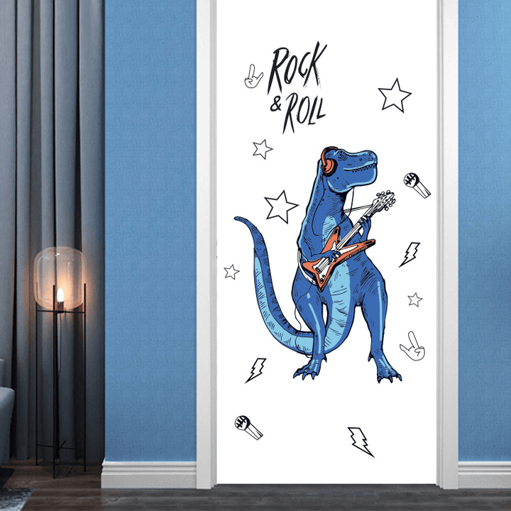 SK9361 Rock Roll Dinosaur Wall Sticker for Kids Room Cartoon Animals Home Decor Art Viny PVC Wallpaper Creative Door Fridge Decoration - MRSLM