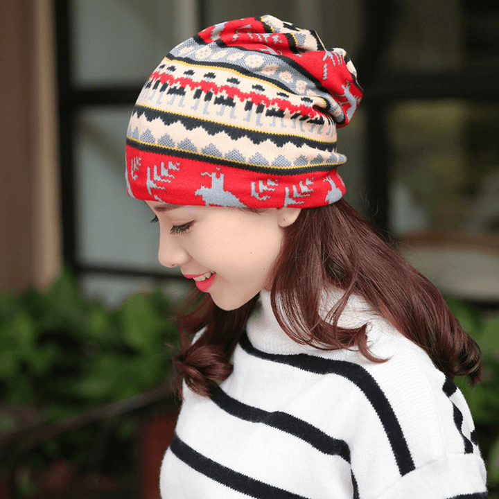 Women Cashmere Dual-Purpose Ethnic Style Pattern Contrast Color Keep Warm Outdoor Beanie Turban Scarf - MRSLM
