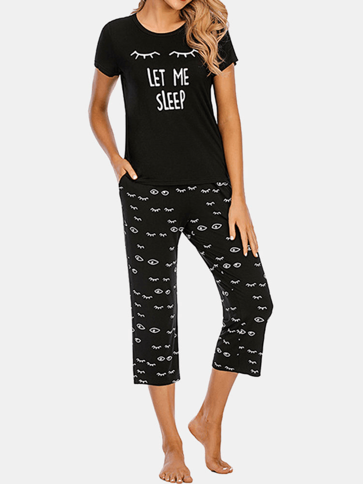 Plus Size Women Letter Eye Print Comfy Short Sleeve Pajama Sets - MRSLM