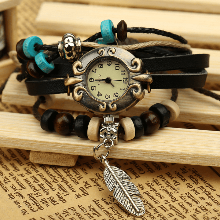 Retro Style Vintage Cowhide Multi-Layer Quartz Watch Weave Feather Pendant Leather Bracelet Watch - MRSLM