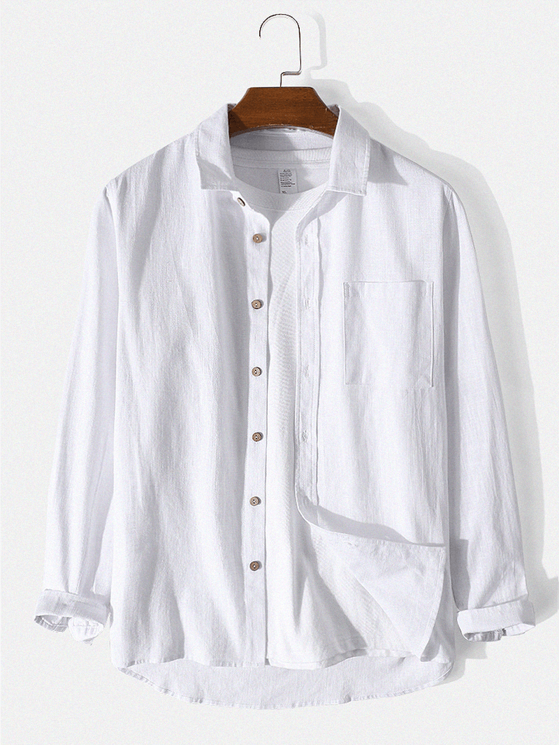 Mens 100% Cotton Button up Long Sleeve Solid Color Shirts with Pocket - MRSLM