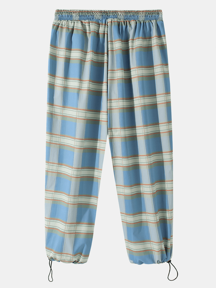 Mens Plaid Relaxed Fit Drawstring Cuff Pants with Pocket - MRSLM