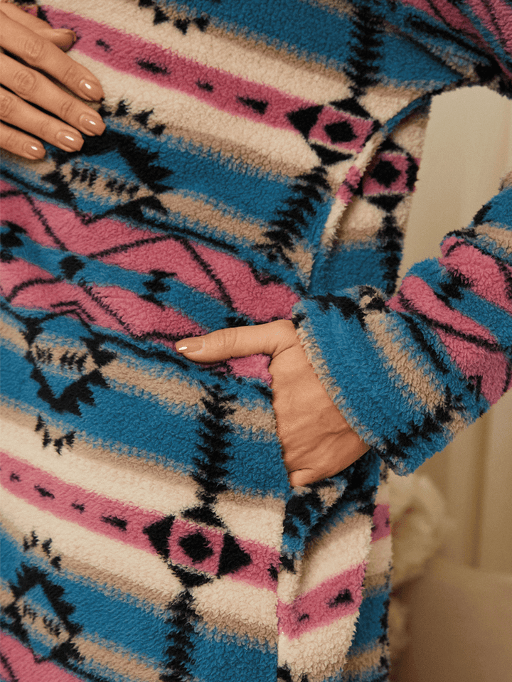 Women Fluffy Ethnic Pattern Pocket Home Wear Hooded Lamb Casual Jackets - MRSLM