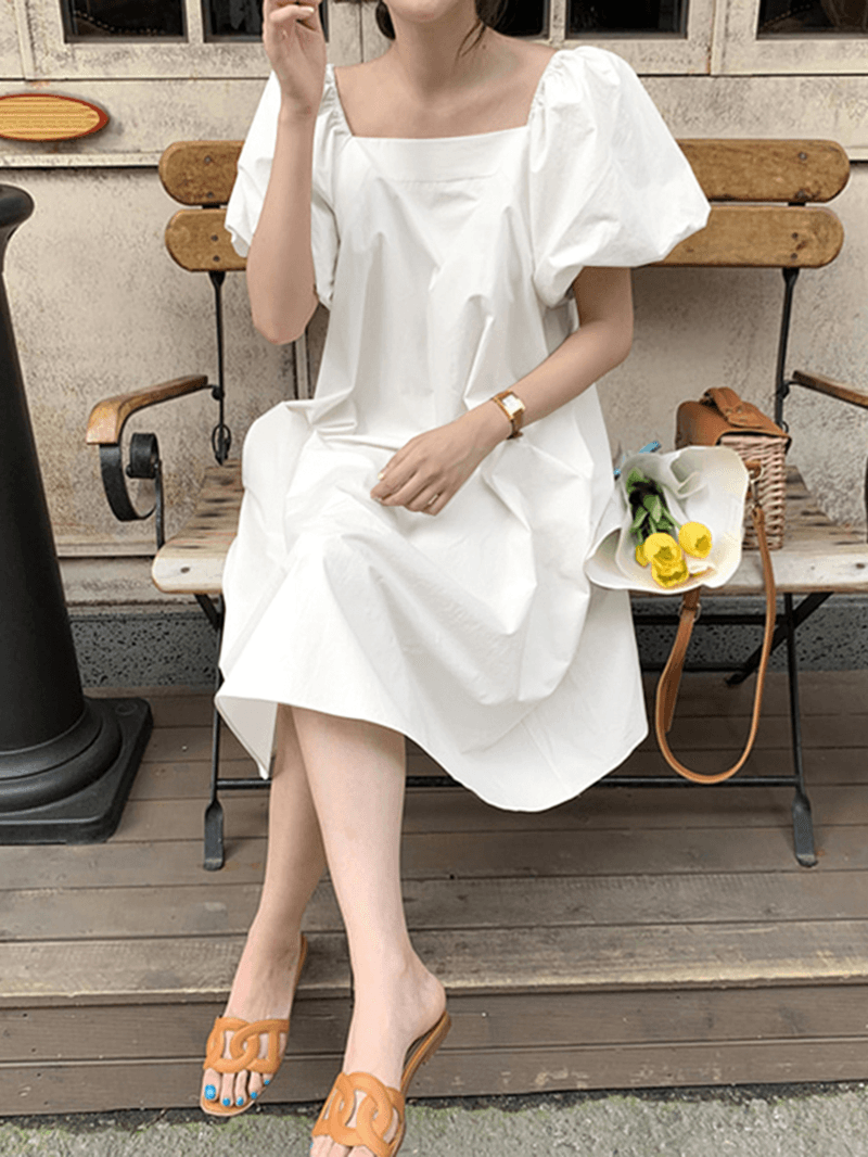 Puff Sleeve Square Collar Plain Solid Color Casual Midi Dress with Pocket - MRSLM