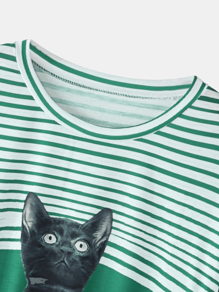 Women Cute Cartoon Cat Stripe Print round Neck Casual Long Sleeve Sweatshirts - MRSLM