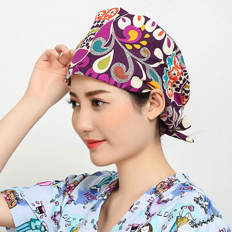 Women Flower Print Cotton Surgical Cap Doctor Nurse Work Hat - MRSLM
