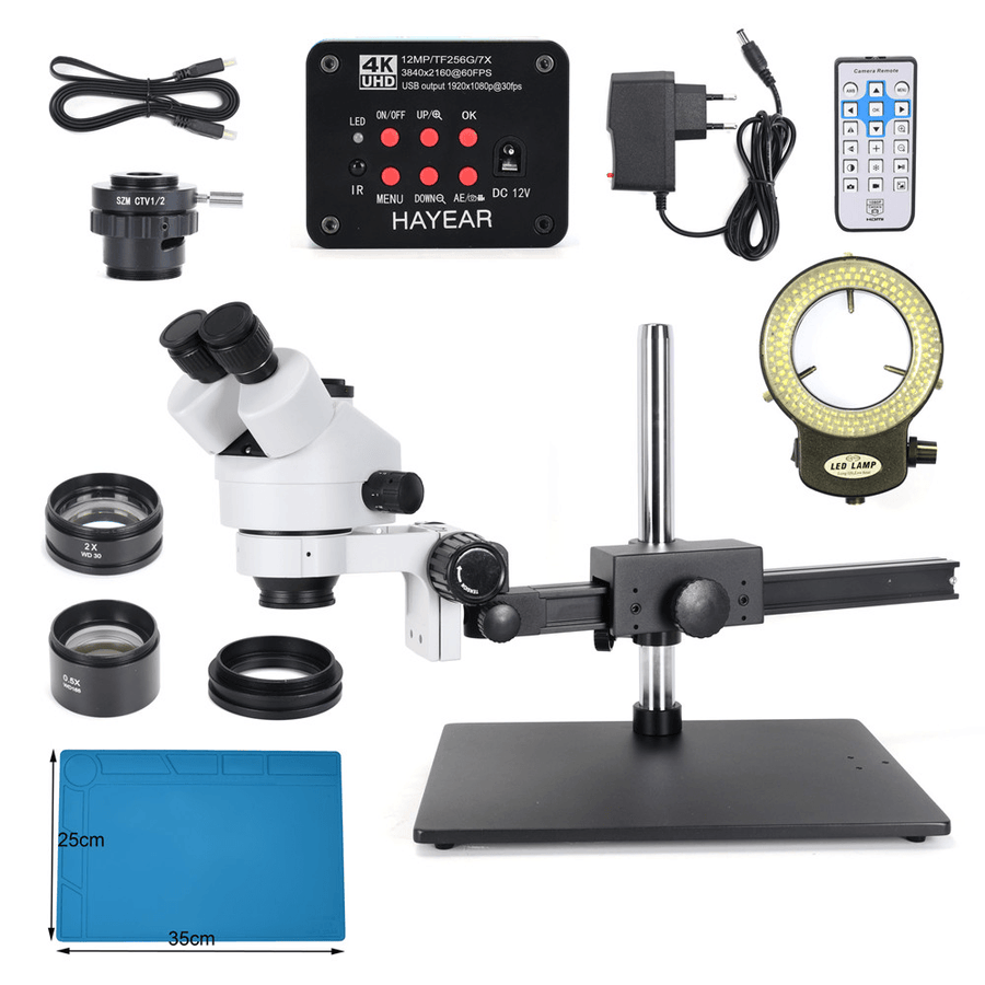 HAYEAR 4K HDMI Microscope Camera + 7X-45X Articulating Arm Pillar Clamp Zoom Simul Focal Trinocular Stereo Microscope for Industrial PCB - MRSLM