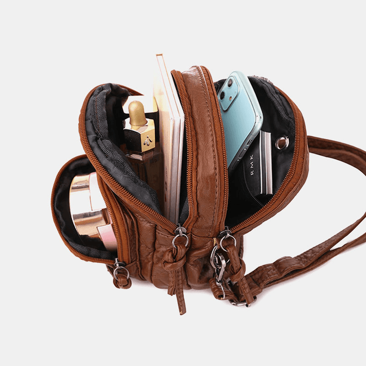 Women Faux Leather Vintage Shoulder Bag Crossbody Bag Mini Phone Bag Multi-Pocket Bag - MRSLM