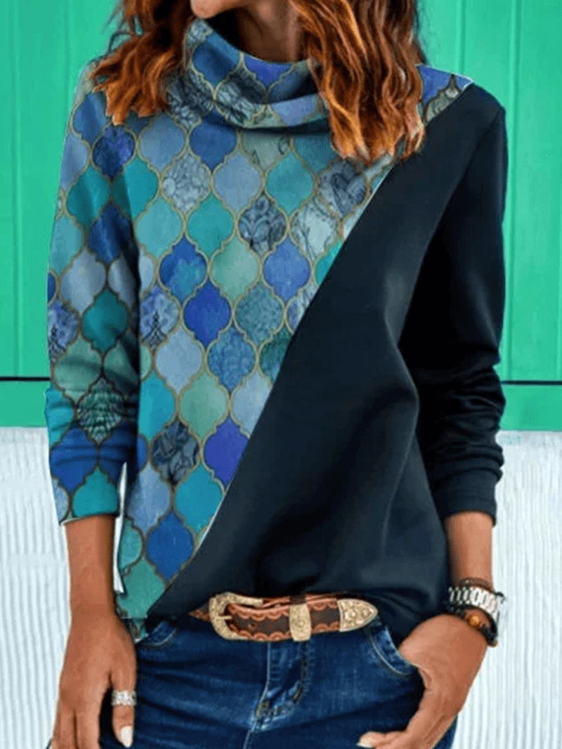 Women Geometry Graphic Patchwork Ethnic Style Heaps Collar Sweatshirts - MRSLM