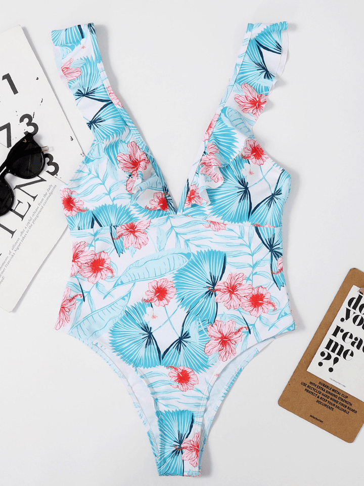 Women Floral Print Ruffle Strap Criss-Cross Breathable One Piece Swimwear - MRSLM