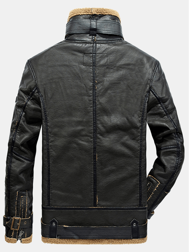 Mens Zipper Multi Pocket Warm Sherpa Lining Vintage Long Sleeve PU Leather Motorcycle Jacket - MRSLM