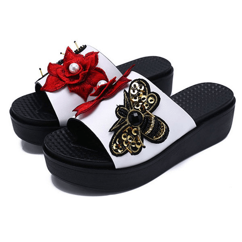 Women Summer Sandals Slip on Soft Sole Flower Embroidery Slippers - MRSLM