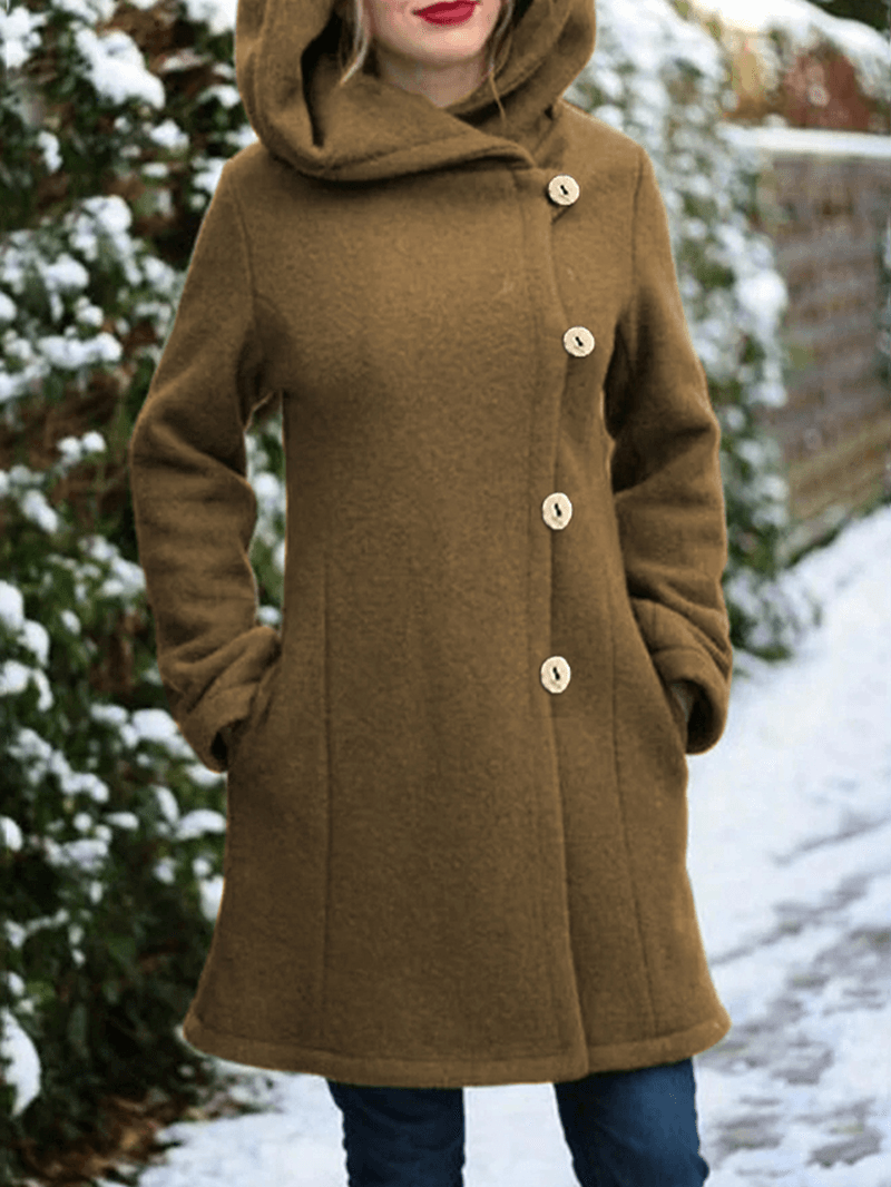 Women Hooded Single-Breasted Pocket Mid-Length Solid Color Warm Coat - MRSLM