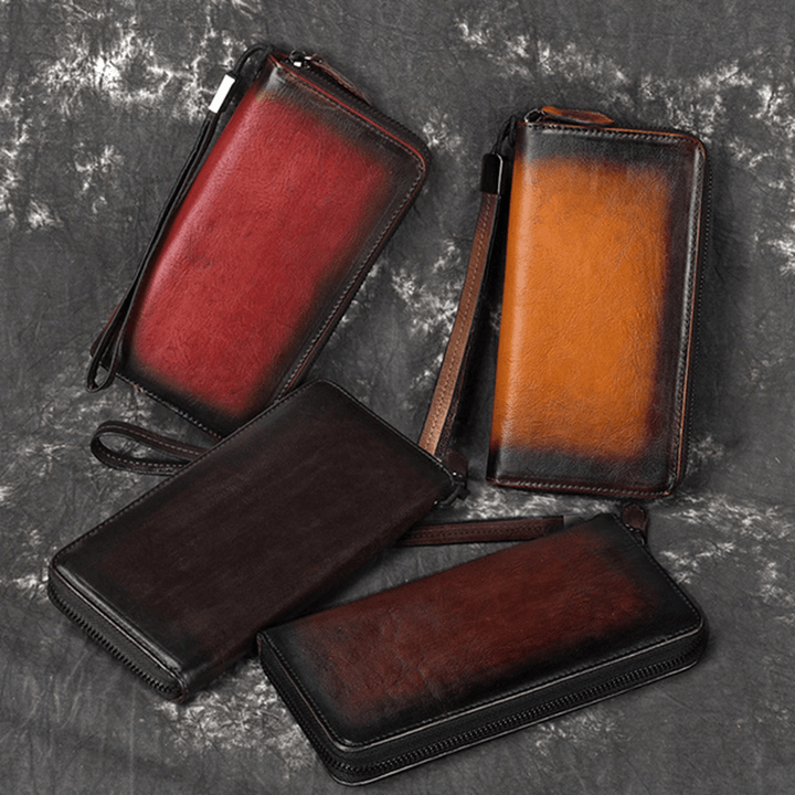 Men Genuine Leather Long Zipper Phone Bag Wallet - MRSLM