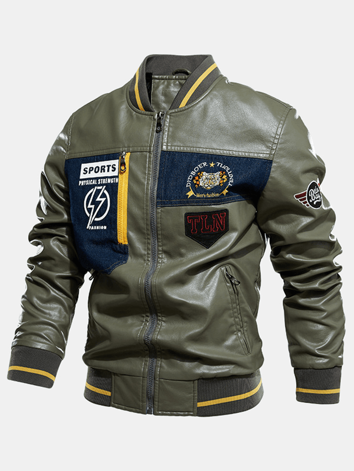 Mens Graphics Embroidery Baseball Collar PU Leather Jacket - MRSLM