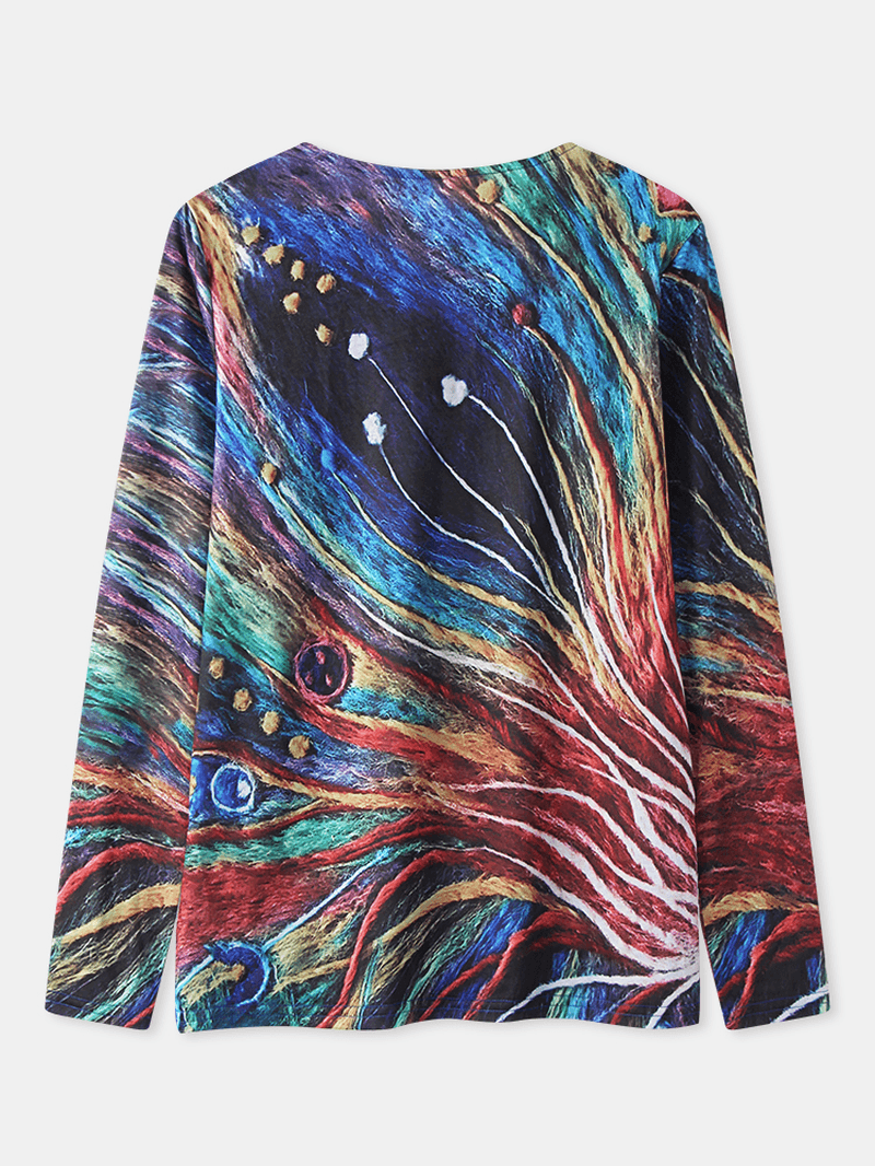 Women Colorful Art Lines Print V-Neck Long Sleeve Casual Blouse - MRSLM