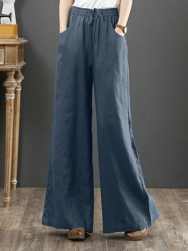 Women Solid Color Elastic Waist Drawstring Wide Leg Pants with Pocket - MRSLM