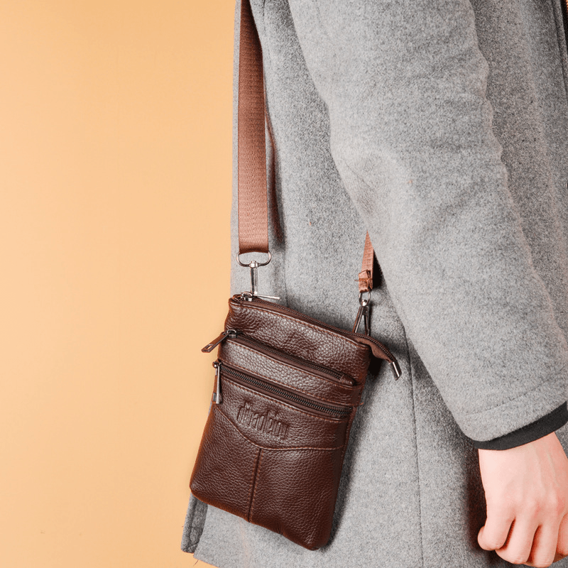 Men Genuine Leather Retro Business Casual 6.3 Inch Phone Bag Multi-Carry Crossbody Bag Waist Bag - MRSLM