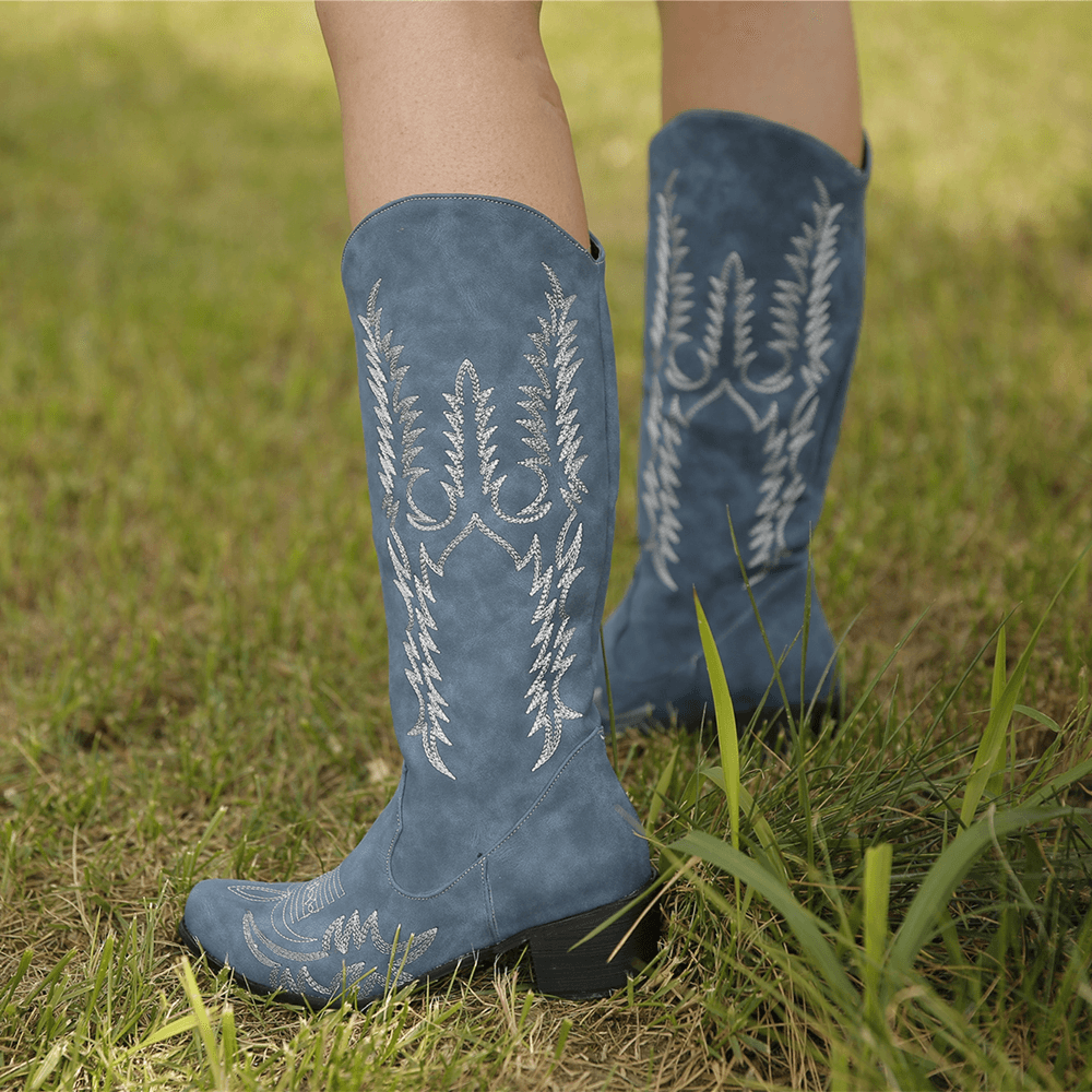 Women Large Size Retro Pointed Toe Embroidered Chunky Heel Cowboy Boots - MRSLM