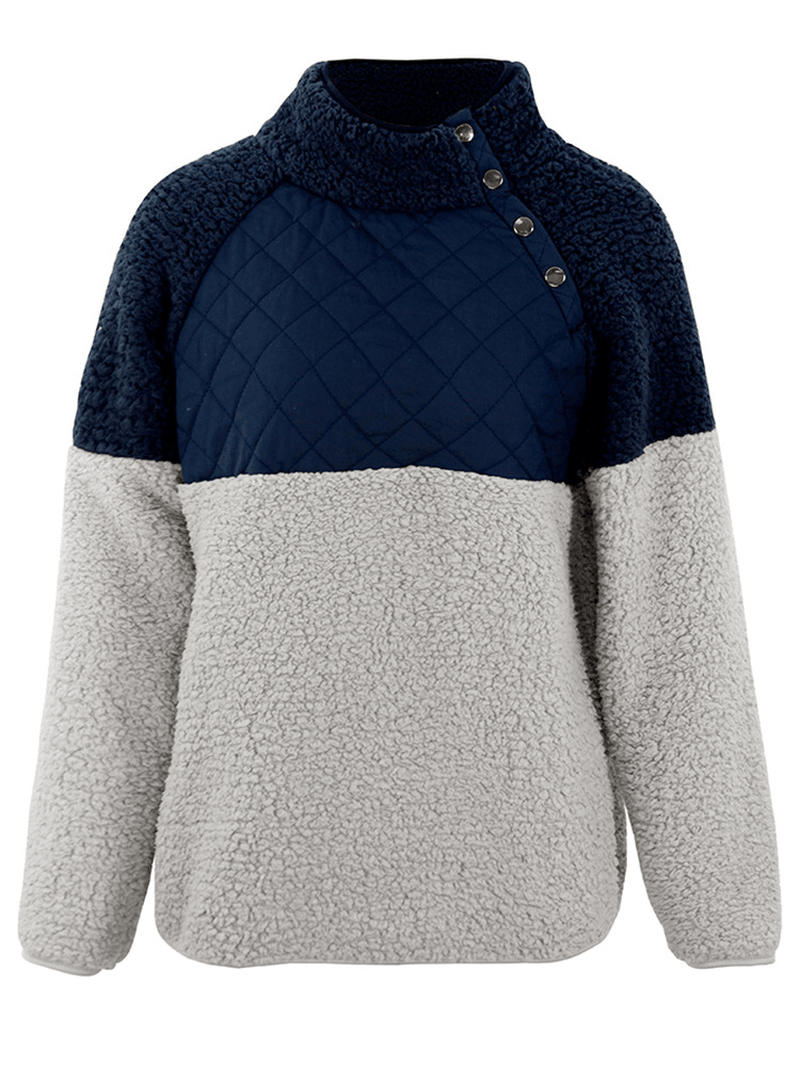 Women Casual Fleece Button High Collar Patchwork Sweatshirt - MRSLM