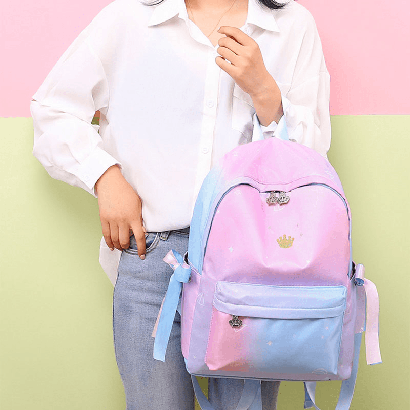 Women Oxford Color Gradient Earphone Hole Bowknot Casual Studeng Bag Backpack - MRSLM