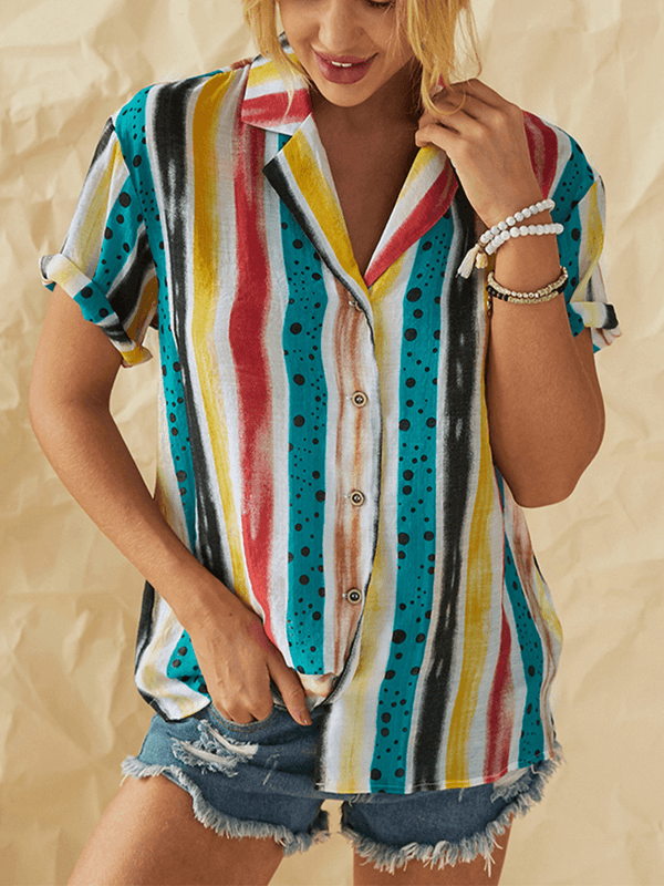 Retro Striped Polka Dot Print Lapel Short Sleeve Shirts for Women - MRSLM