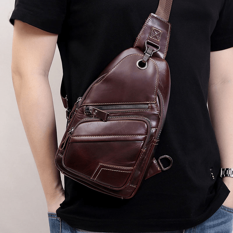Men Genuine Leather Large Capacity Outdoor Casual Chest Bag Convertible Shoulder Strap Multi-Pocket Shoulder Bag Crossbody Bag - MRSLM