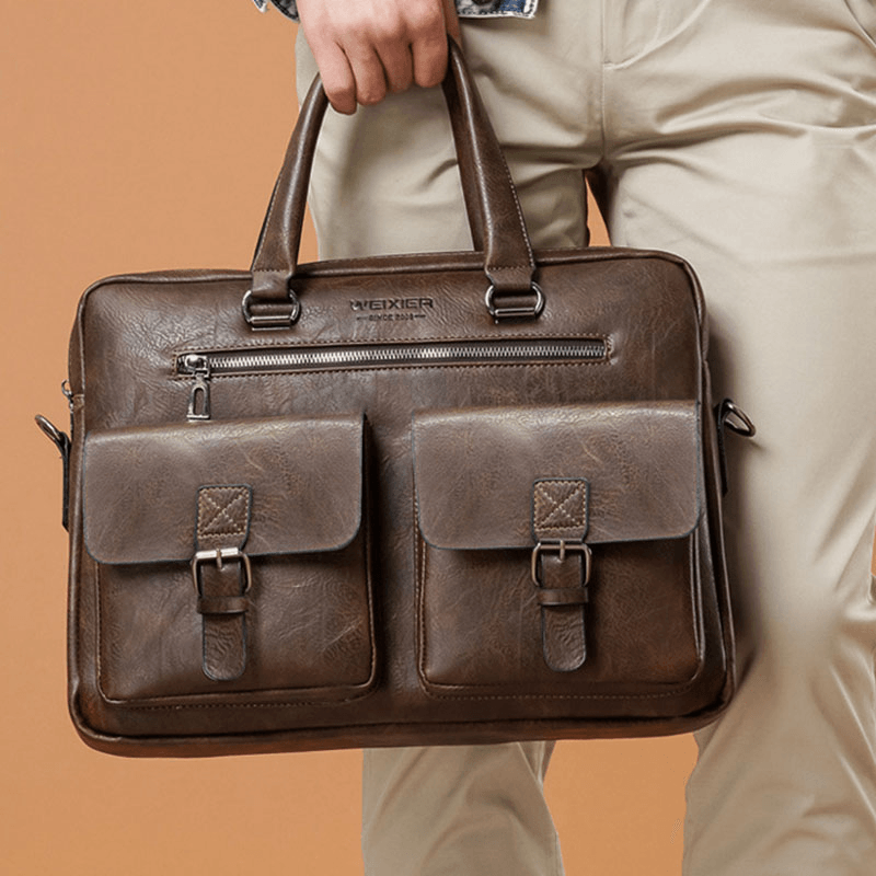 Men Zipper Multi-Pocket Handbag Large Capacity Anti-Theft Retro 13.3 Inch Laptop Briefcase Crossbody Bags - MRSLM