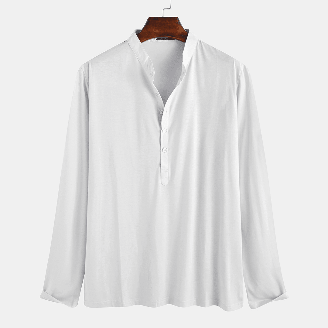 Mens Solid Color Half Open Button Stand Collar Long Sleeve - MRSLM