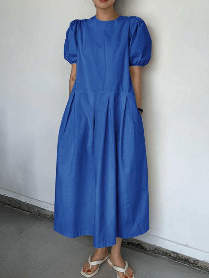 Casual Plain round Neck Puff Sleeve Side Zipper Solid Stitching Maxi Dress with Pocket - MRSLM