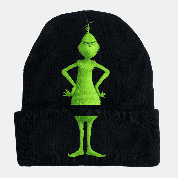Unisex Wool Warm Windproof Sunvisor Christmas Green Hair Monster Printing Knitted Hat Beanie - MRSLM