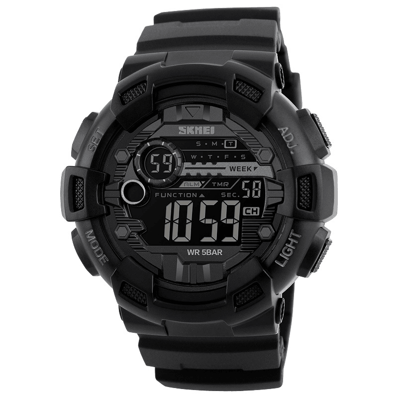 SKMEI 1243 Luminous Week Display Stopwatch Countdown 5ATM Waterproof Dual-Time Sport Men Digital Watch - MRSLM