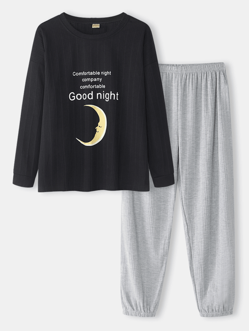 Women Rib Moon Letter Print O-Neck Cotton Cuffed Pants Pajamas Sets - MRSLM