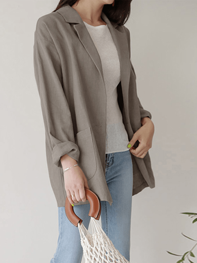 Women Plain Turn-Down Collar Casual Stylish Long Sleeve Blazer with Pockets - MRSLM