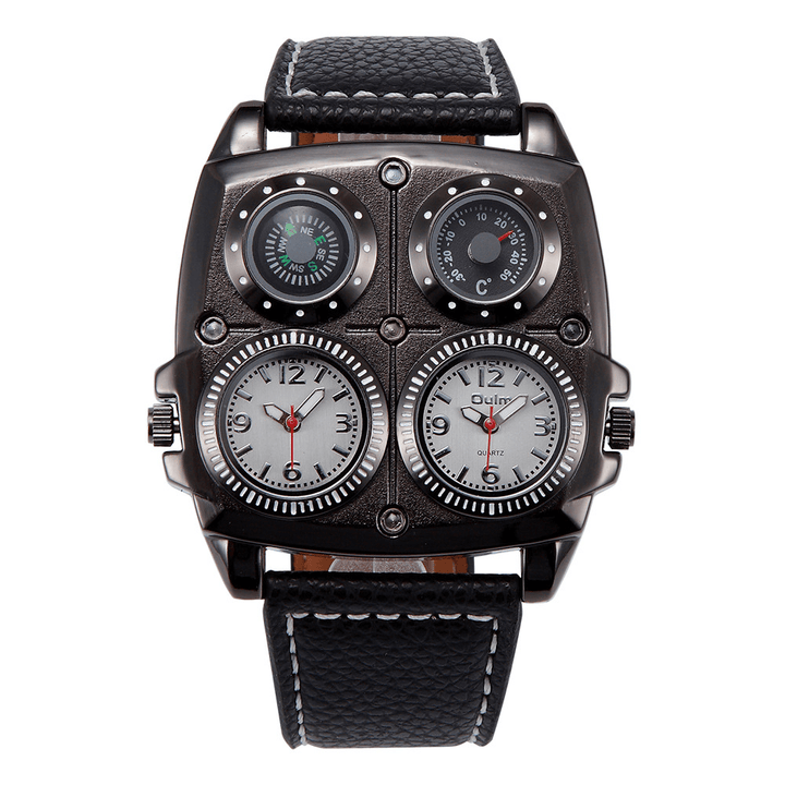 OULM Dual Time Zones Big Dial Men Wrist Watch Restro Style Leather Band Creative Quartz Watch - MRSLM
