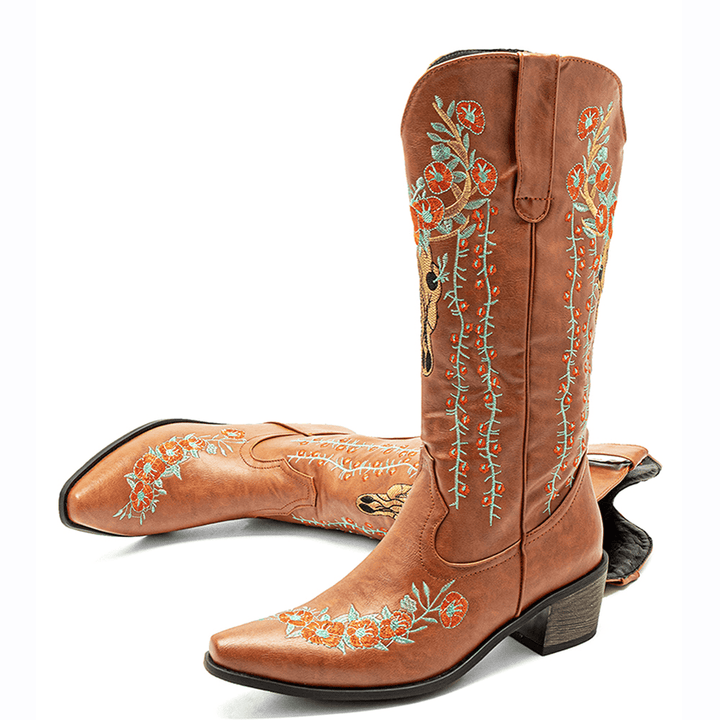 Women Retro Floral Animal Embroidery Leather Pointy-Toe V-Cut Chunky Heel Mid-Calf Knight Boots - MRSLM