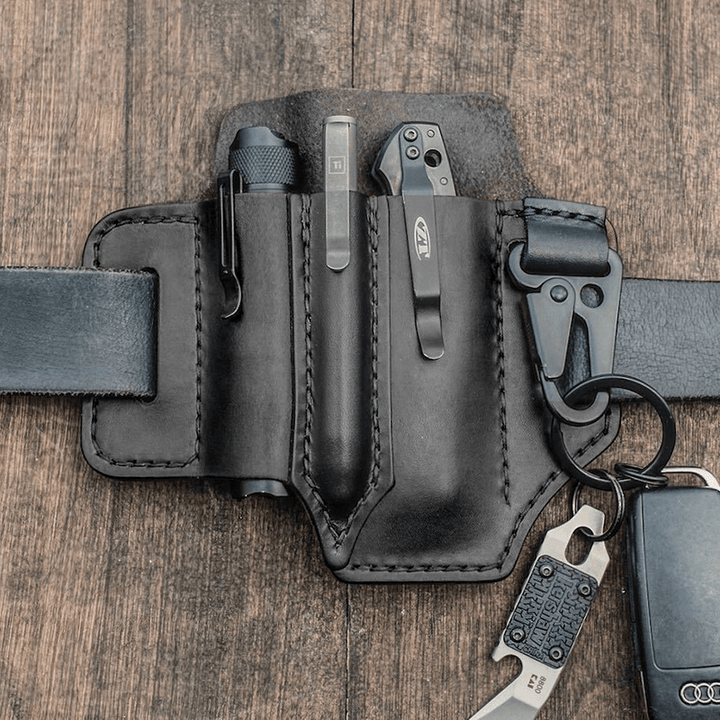 Men EDC Genuine Leather Multitool Flashlight Key Pen Organizer Gear Waist Belt Bag - MRSLM