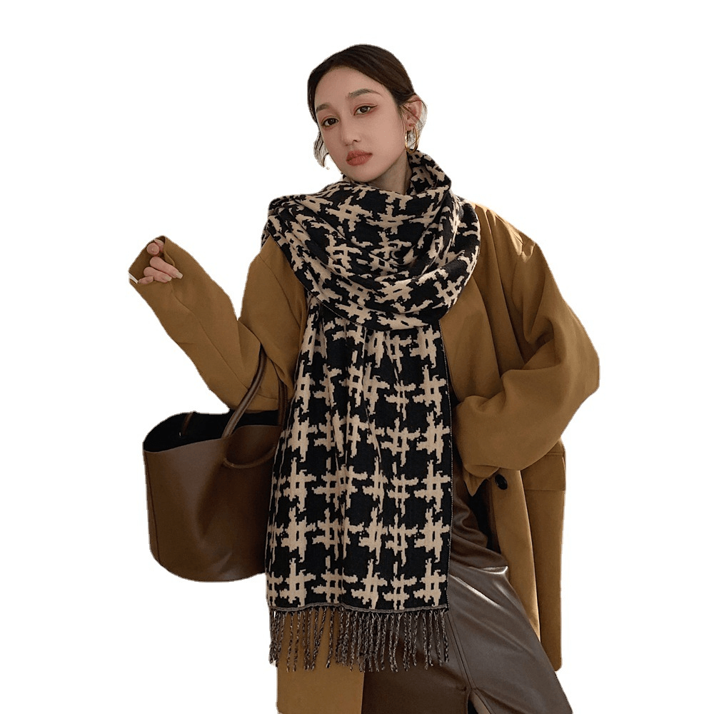 Long Fringed Thick Houndstooth Large Shawl Women 2021 Long Temperament Warmth Scarf - MRSLM