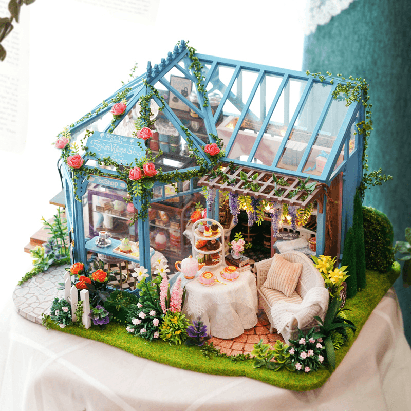 Cuteroom A068 DIY Cabin Rose Garden Tea House Handmade Doll House Model with Dust Cover Music Motor - MRSLM