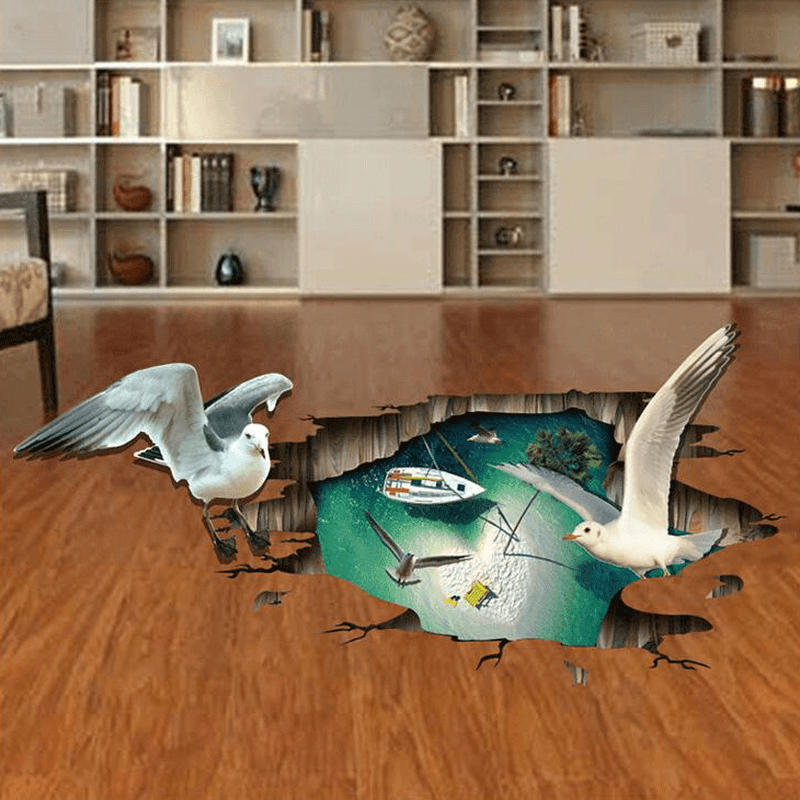Miico Creative 3D Sea Gulls Birds Sea Island PVC Removable Home Room Floor Decor Sticker - MRSLM
