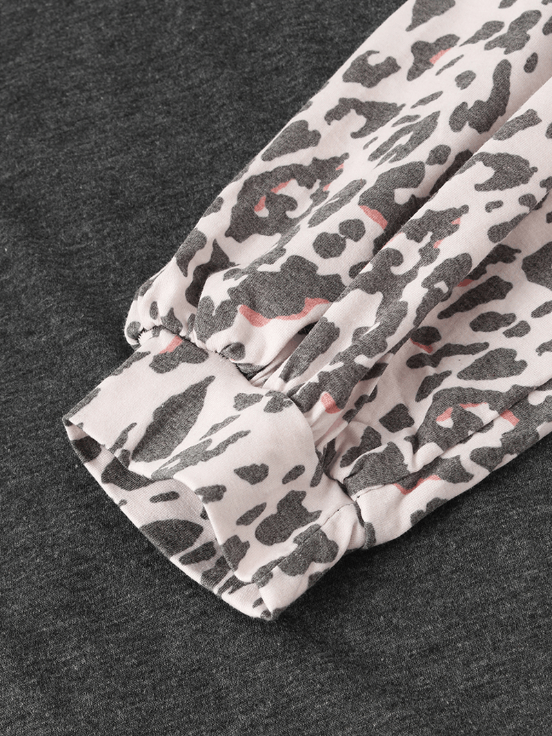 Women Leopard Raglan Sleeve Patchwork O-Neck Casual Loose T-Shirt - MRSLM